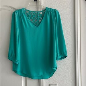 Iz Byer Turquoise Lattice Back Blouse